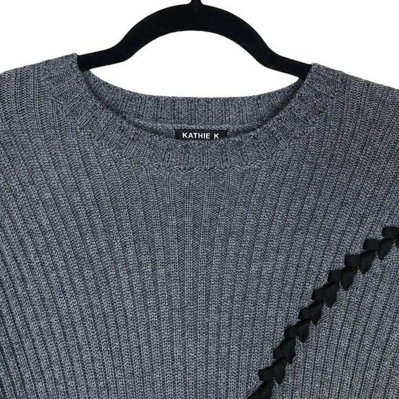 Kathie K Gray Ribbed Sweater Black Lace Up Detail Long Sleeve Round Neck Size M - Picture 3 of 7